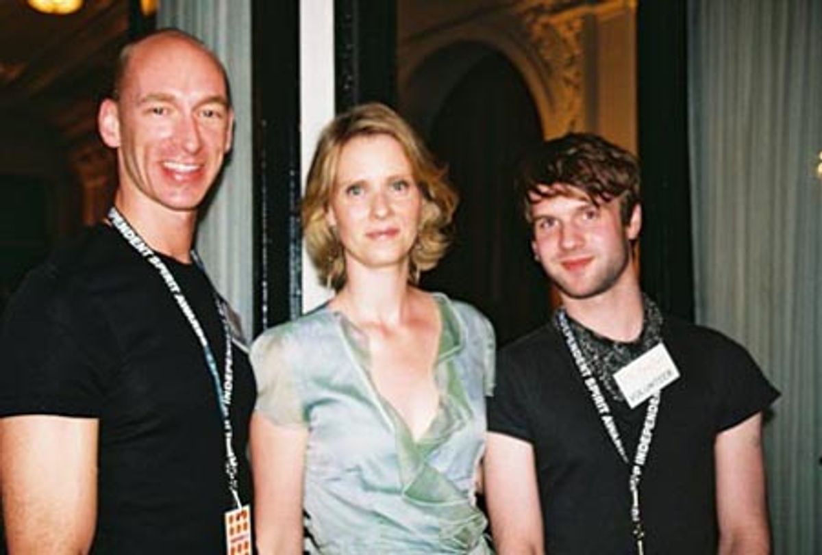 Cynthia Nixon with Trevor Project Volunteers, Joel Russell and Daniel Erickson at 