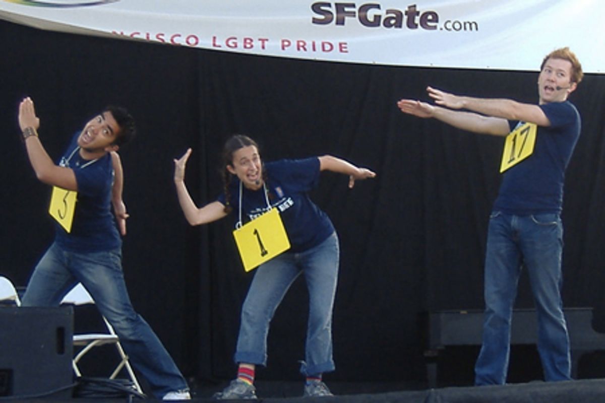 'People think we're automatons.' Chip Tolentino (Aaron J. Albano), Logainne Schwartzandgrubenierre (Sara Inbar), Leaf Coneybear (Stanley Bahorek) at 