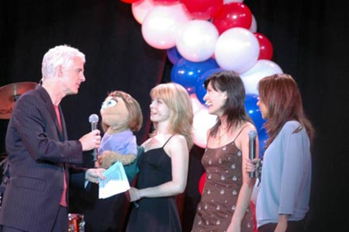 Avenue Q stars Mary Faber with Kate Monster and Ann Sanders at 