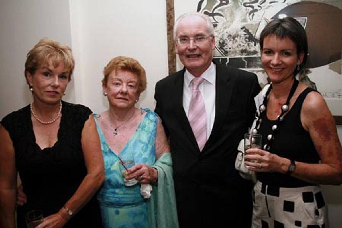 Alma Hynes, Carmel Hynes, Tim O'Connor (Consul General of Ireland), and Aedhmar Hynes at DruidSynge Party for Druid Theatre Company