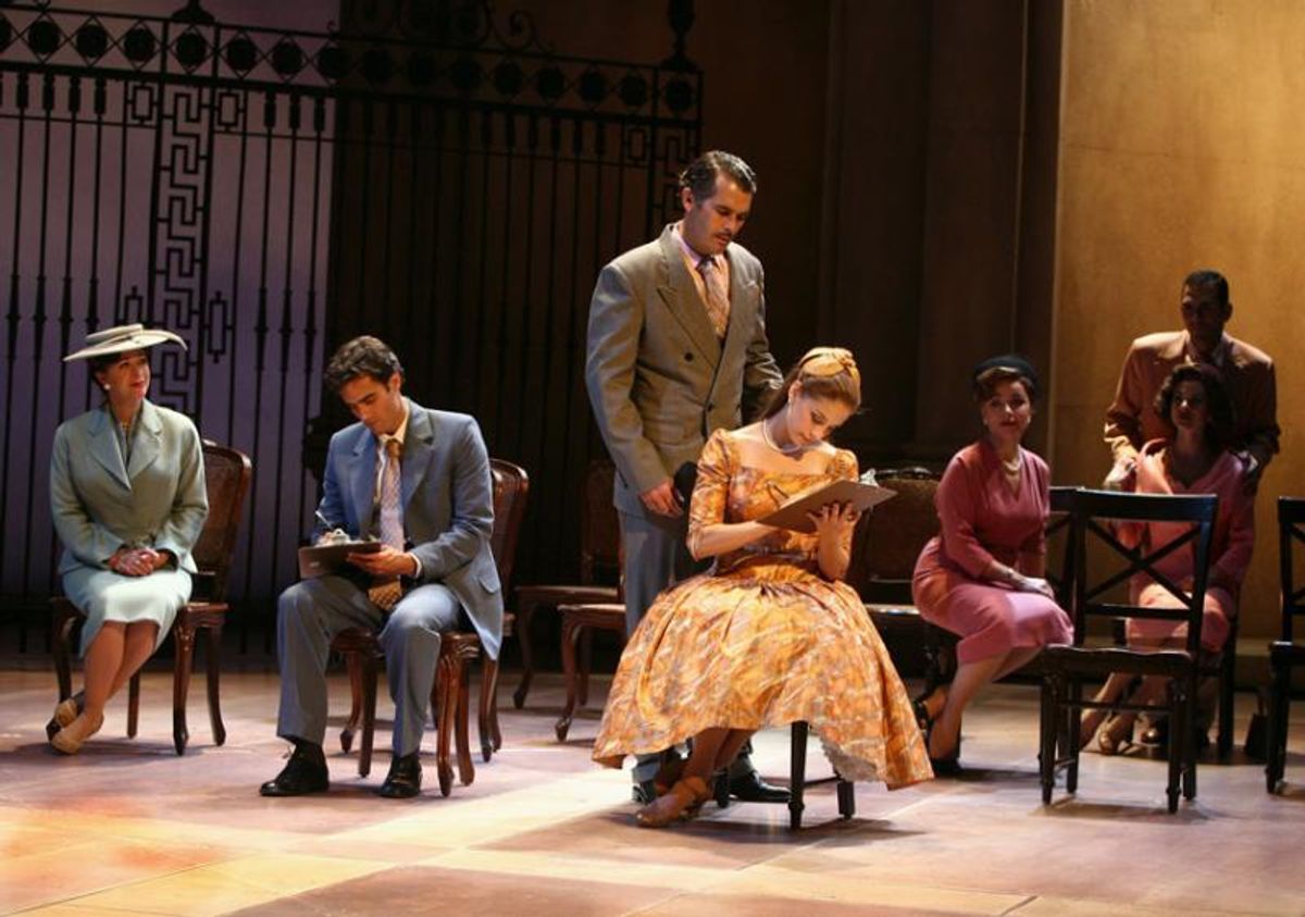 (l to r) Diane Sutherland as Signora Naccarelli, David Burnham as Fabrizio Naccarelli, David Ledingham as Signor Naccarelli, Elena Shaddow as Clara Johnson, Christine Andreas as Margaret Johnson, Laura Griffith as Franca Naccarelli and Jonathan Hammond as at 