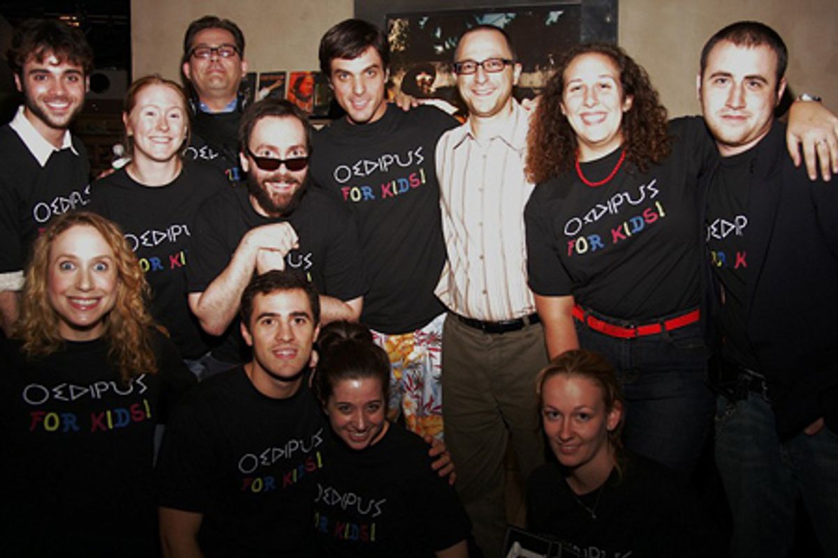 The cast, crew, and creative team of Oedipus for Kids!--Back: Robert J Saferstein (Composer), Kimberly Patterson (Book), Rick L Stevens (General Manager), Gavin Lewis, Reed Prescott, Dan Fields (Dir), Jinay Reitze (Stage Manager), and Scot Sexton (Percuss at 