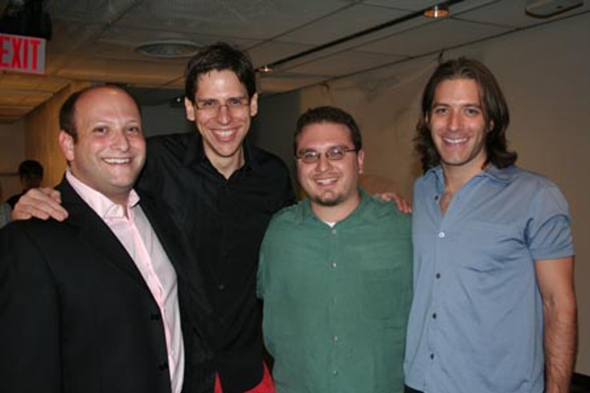 Isaac Hurwitz, Sammy Buck (NYMF Common Ground, Writer), Dan Acquisto (NYMF Smoking Bloomberg, Percussionist) and David Cornue (NYMF Smoking Bloomberg, Writer)  at 