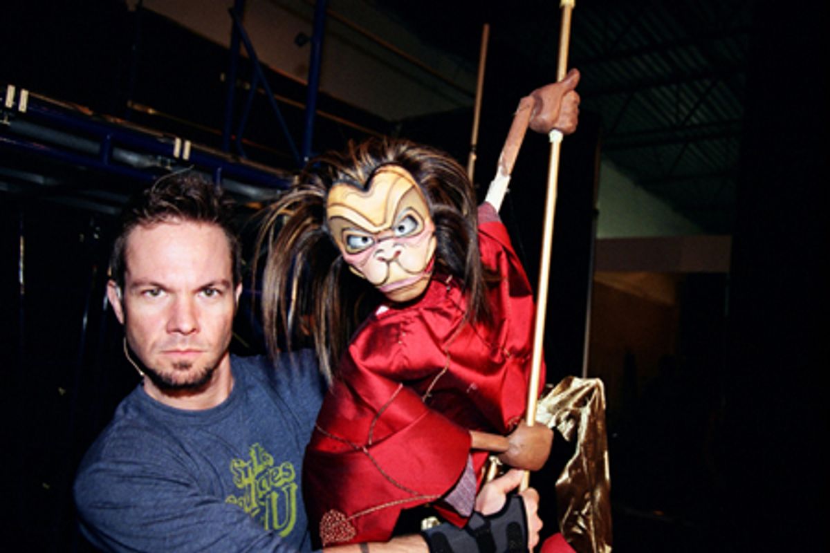 Shanon Stoeke with Monkey King puppet at NYMF's Journey to the West in Rehearsals