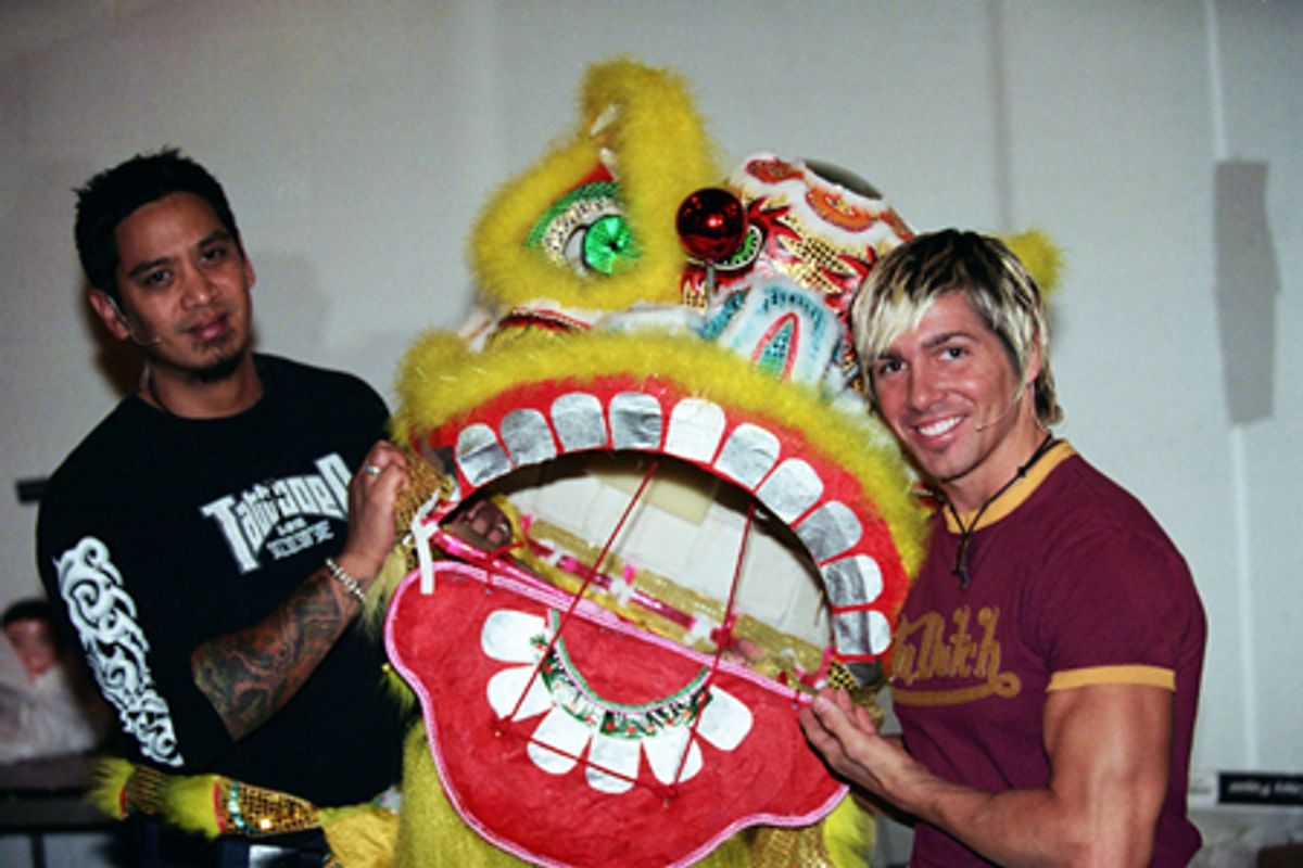 A. J. Ocampo and Daniel Therrien with Monster Goldfish puppet head at 