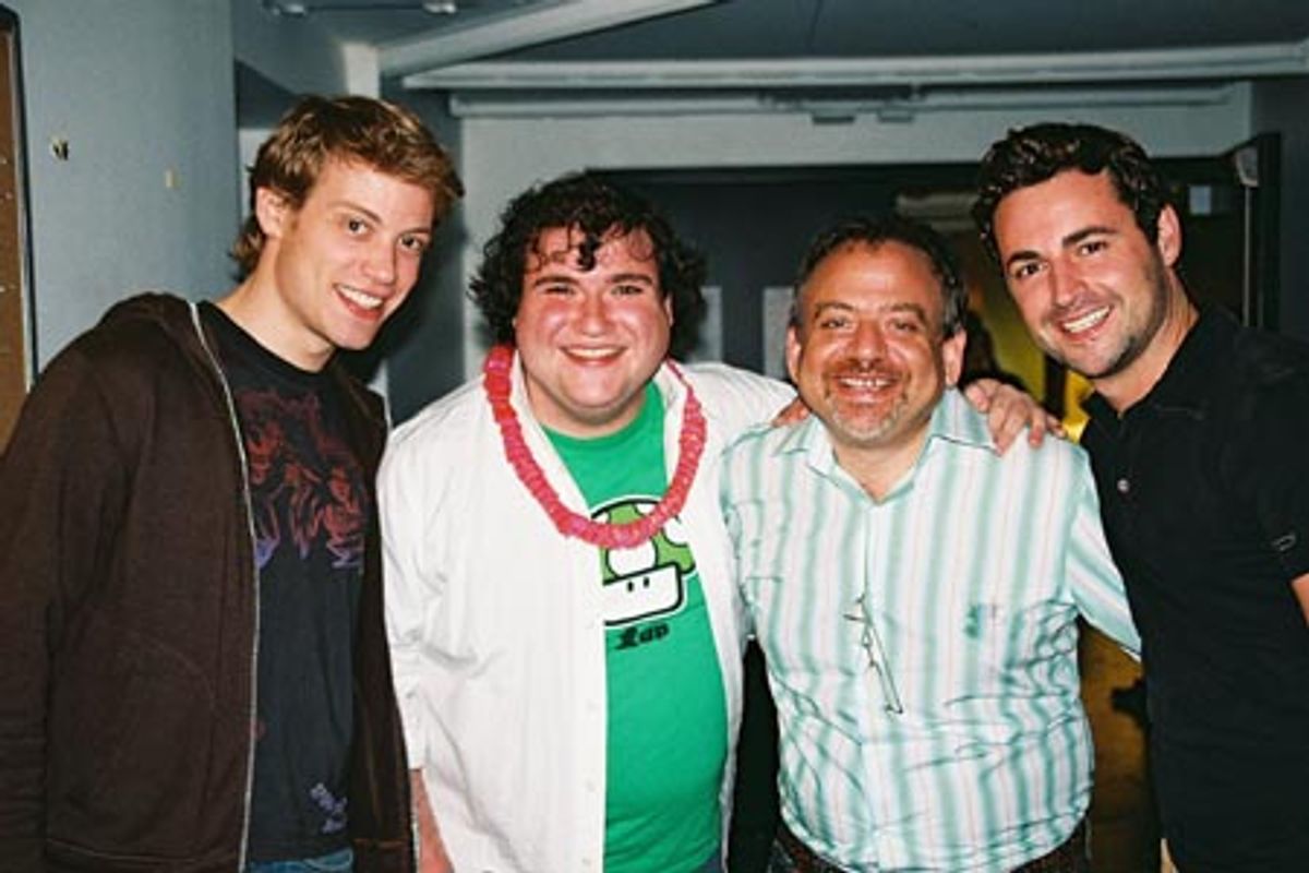 Spelling Bee's Barrett Foa and Todd Bounopane, Marc Shaiman (Hairspray, Fame Becomes Me/NYMF Broadway Idol Celebrity Judge) and Max von Essen at 