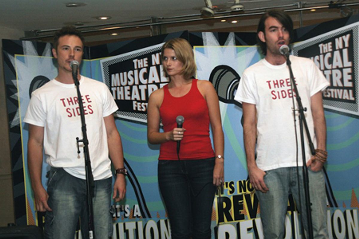 Mark McGee, Caroline Sheen, and Jon-Paul Hevey singing the title song from Three Sides at 