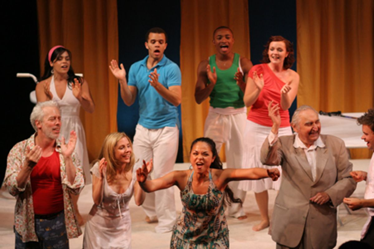 Terrence Mann, Kerry Butler, Karen Olivo, Fyvush Finkel and Hunter Foster (front), and the cast of Party Come Here at 