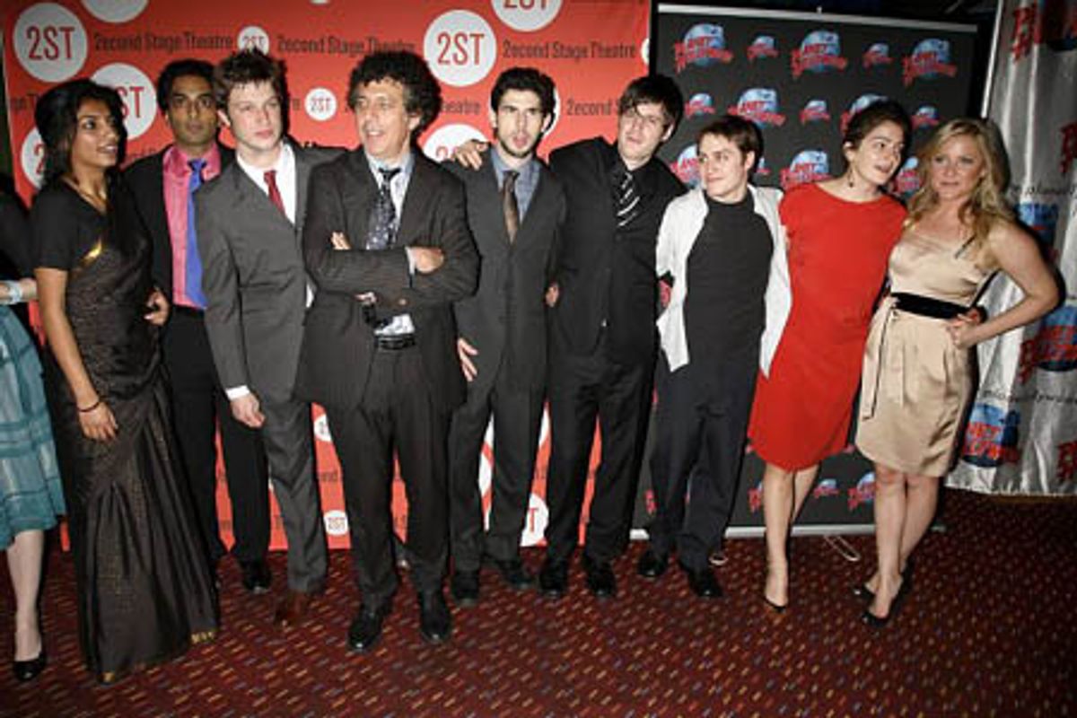 Playwright Eric Bogosian with cast members: Diksha Basu, Manu Narayan, Peter Scanavino, Daniel Eric Gold, Michael Esper, Kieran Culkin, Gabby Hoffmann and Jessica Capshaw at 