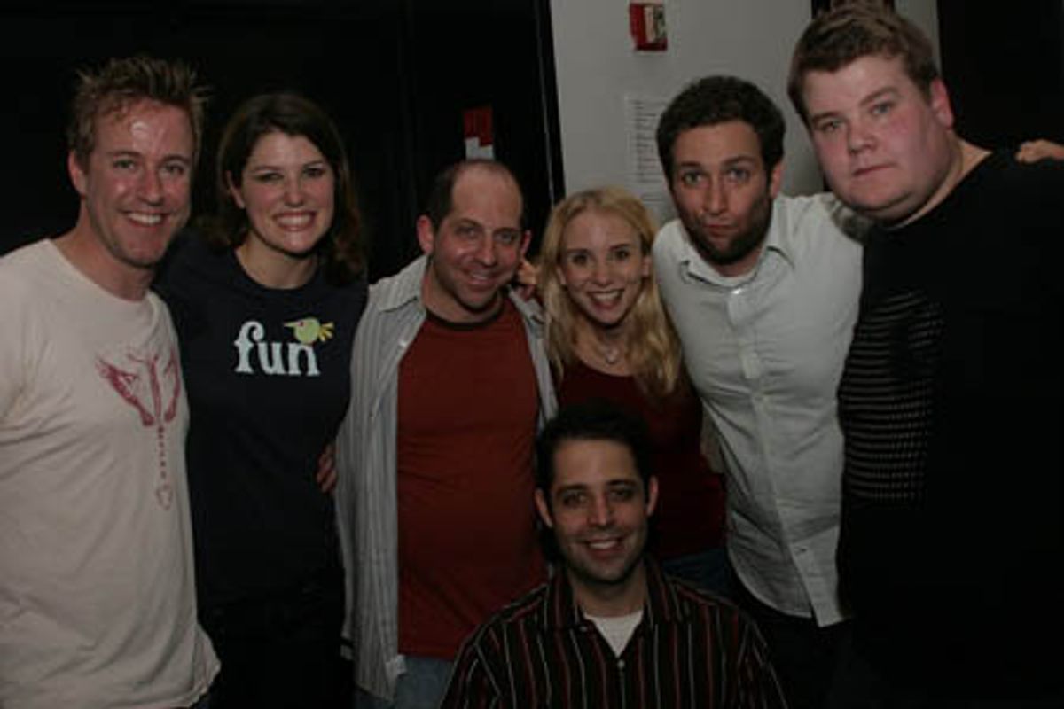 Greg Reuter, Nicole Parker, Jason Kravitz, Sarah Saltzberg, Steve Rosen (seated), David Rossmer, and James Corden at 