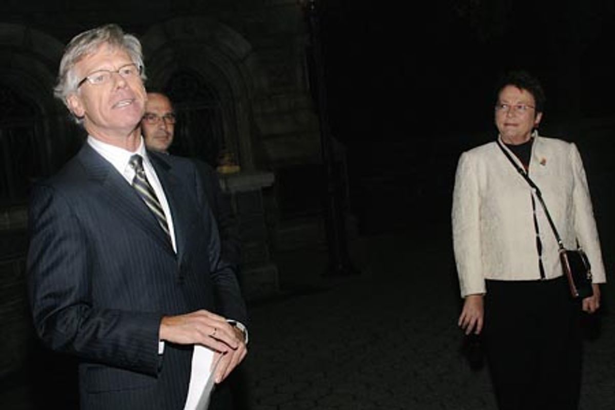 Knut Vollebaek (Norwegian Ambassador to the United States) and Kristin Hilla Valla (County Governor of Oppland at Peer Gynt Opens at the Delacorte
