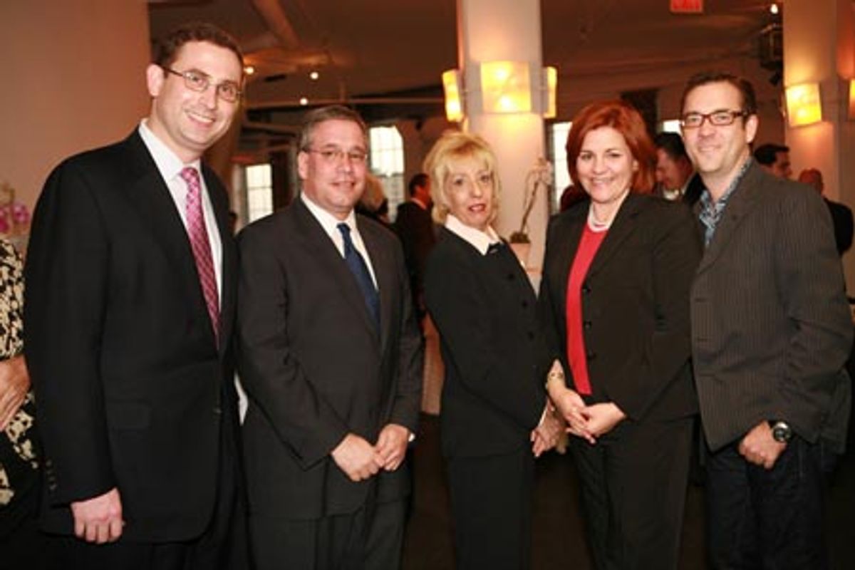 Drew Tagliabue (Board Member and soon-to-be Executive Director of PFLAG NYC), Scott Stringer (Manhattan Borough President), Phyllis Steinberg (PFLAG NYC President), Christine Quinn (City Council Speaker) and Ted Allen at 