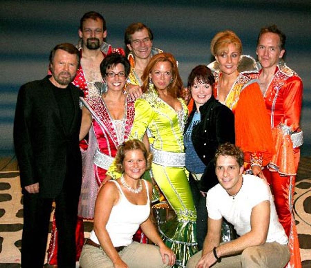 BjÃ'Â¶rn Ulvaeus and Catherine Johnson with principal cast members backstage at 