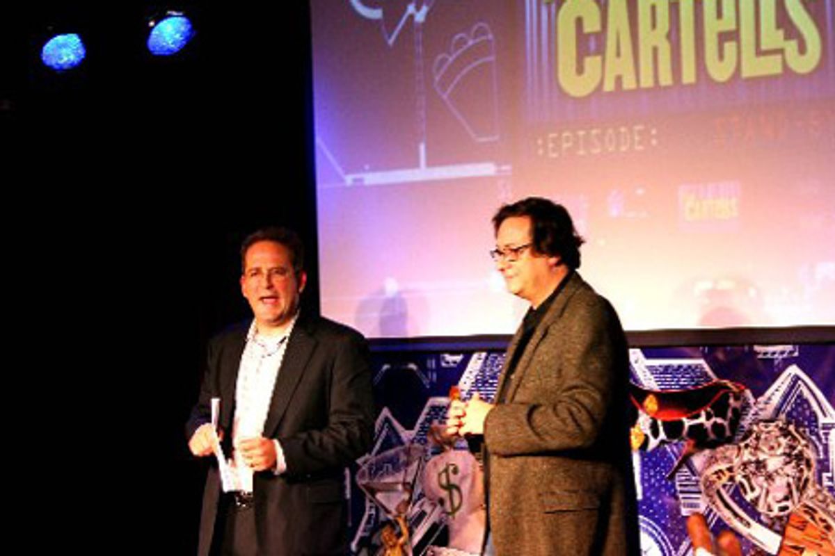 Executive director Michael Rosenberg and writer Douglas Carter Beane greet the capacity crowd before the performance at 