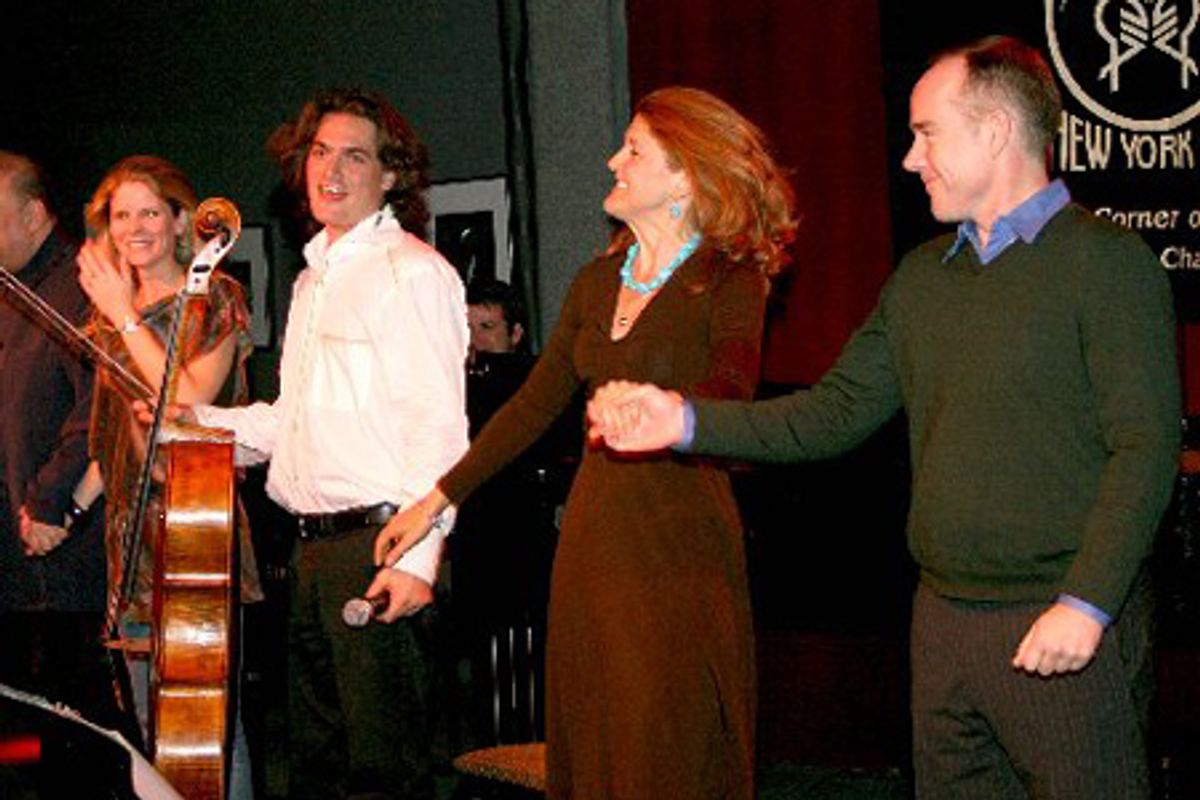 The stars and director bow to the sold-out crowd: Kelli O'Hara, Peter Sachon, Victoria Clark and Michael Winther at 