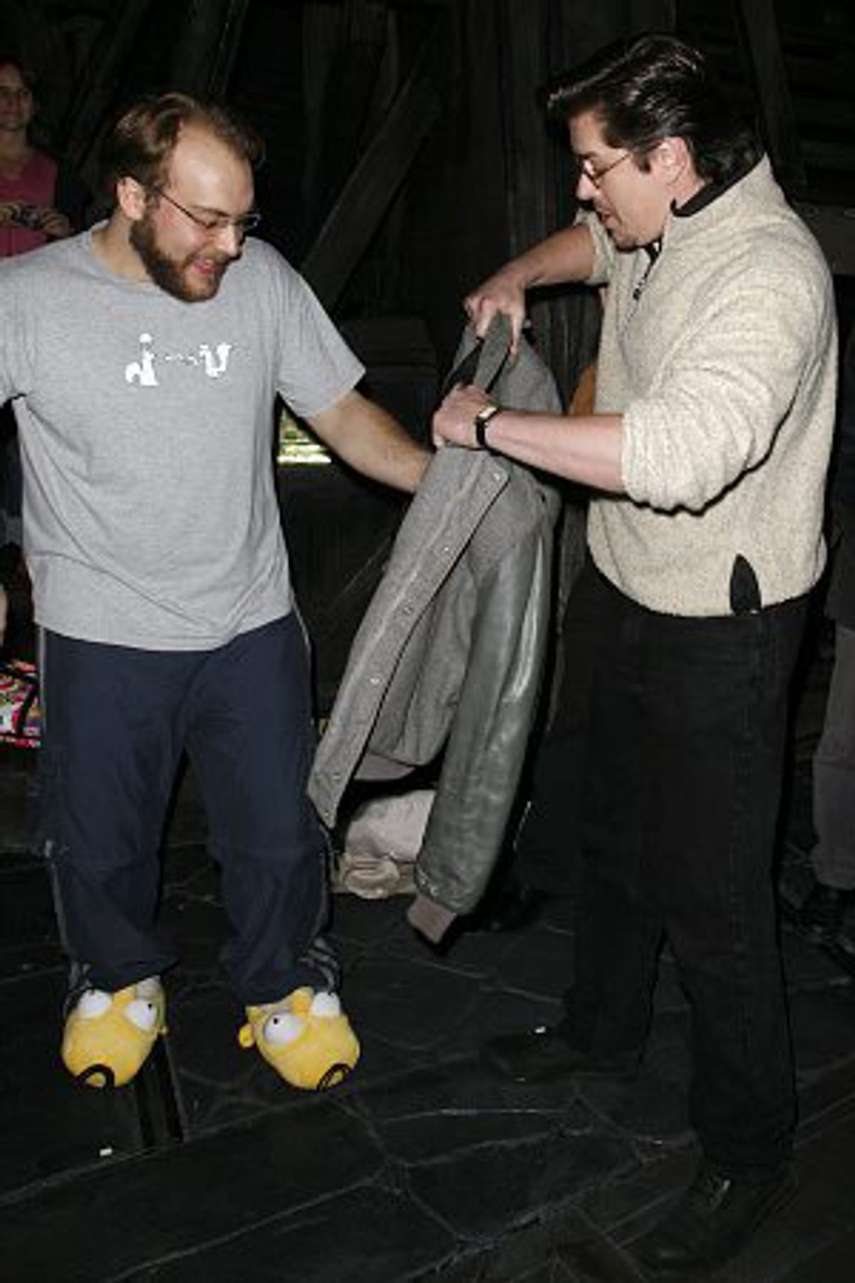 Merwin Foard (Past Gypsy Robe Winner for Assassins) passes his old Les Miserables company jacket to Alexander Gemignani as an opening night gift at 