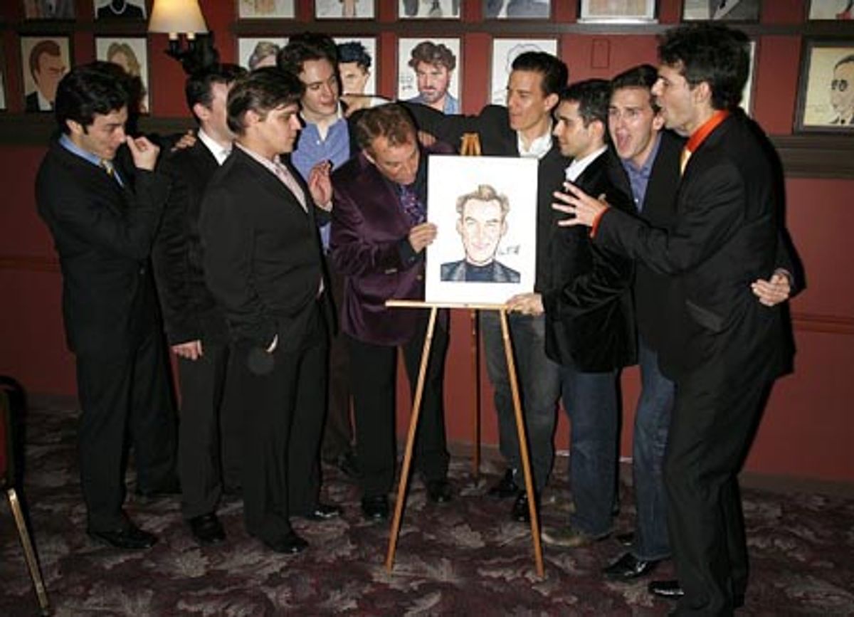 Des McAnuff with national tour and Broadway cast members: Christopher Kale Jones, Michael Ingersoll, Deven May, Erich Bergen, Christian Hoff, John Lloyd Young, Daniel Reichard and J. Robert Spencer at 