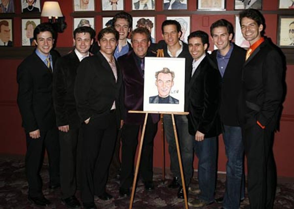 
Christopher Kale Jones, Michael Ingersoll, Deven May, Erich Bergen, Des McAnuff, Christian Hoff, John Lloyd Young, Daniel Reichard and J. Robert Spencer at 