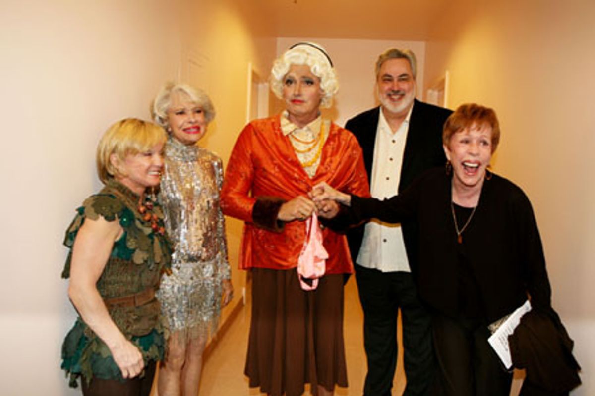 Cathy Rigby, Carol Channing, Michael Nouri, event sponsor Gene Dickey and Carol Burnett have fun backstage at intermission at 