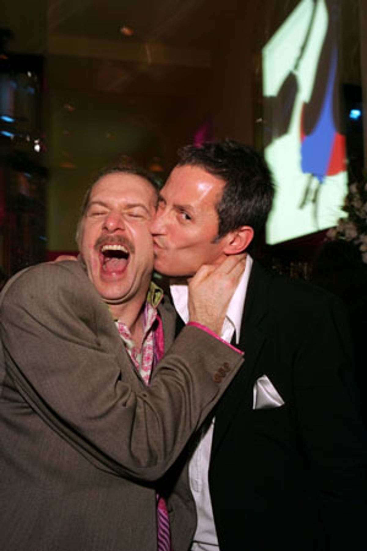 Daniel Jenkins gets a peck on the cheek from composer George Stiles at 