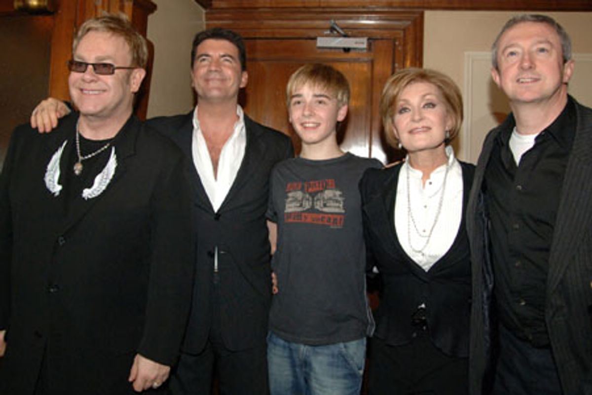  Elton John and Liam Mower with 'X Factor' Judges (from L to R) Simon Cowell, Sharon Osbourne and Louis Walsh at 