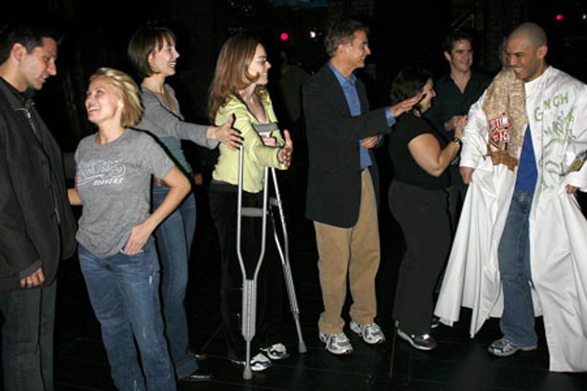 Dennis Stowe, with Vince Pesce, Kristin Chenoweth and cast members at 