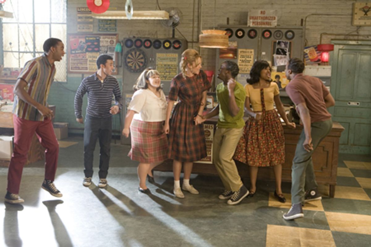 Nikki Blonsky (center left), Amanda Bynes (center) and Elijah Kelly (center right) at 