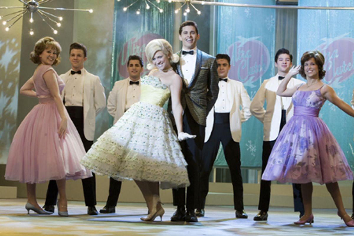 Brittany Snow (center left) and James Marsden (center right) with Hairspray cast members at 