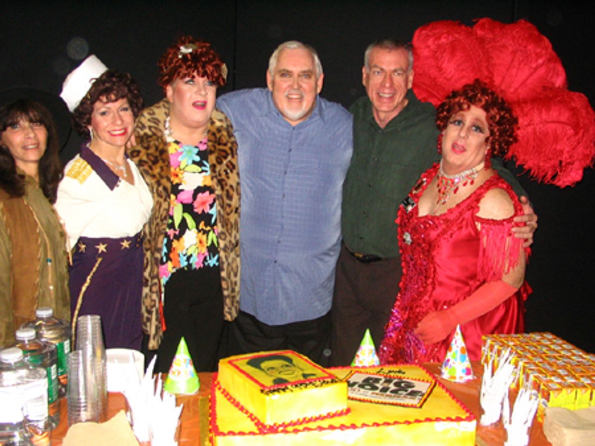 Jim Brochu and Steve Schalchlin (center) with Ethel Merman Impersonators at 