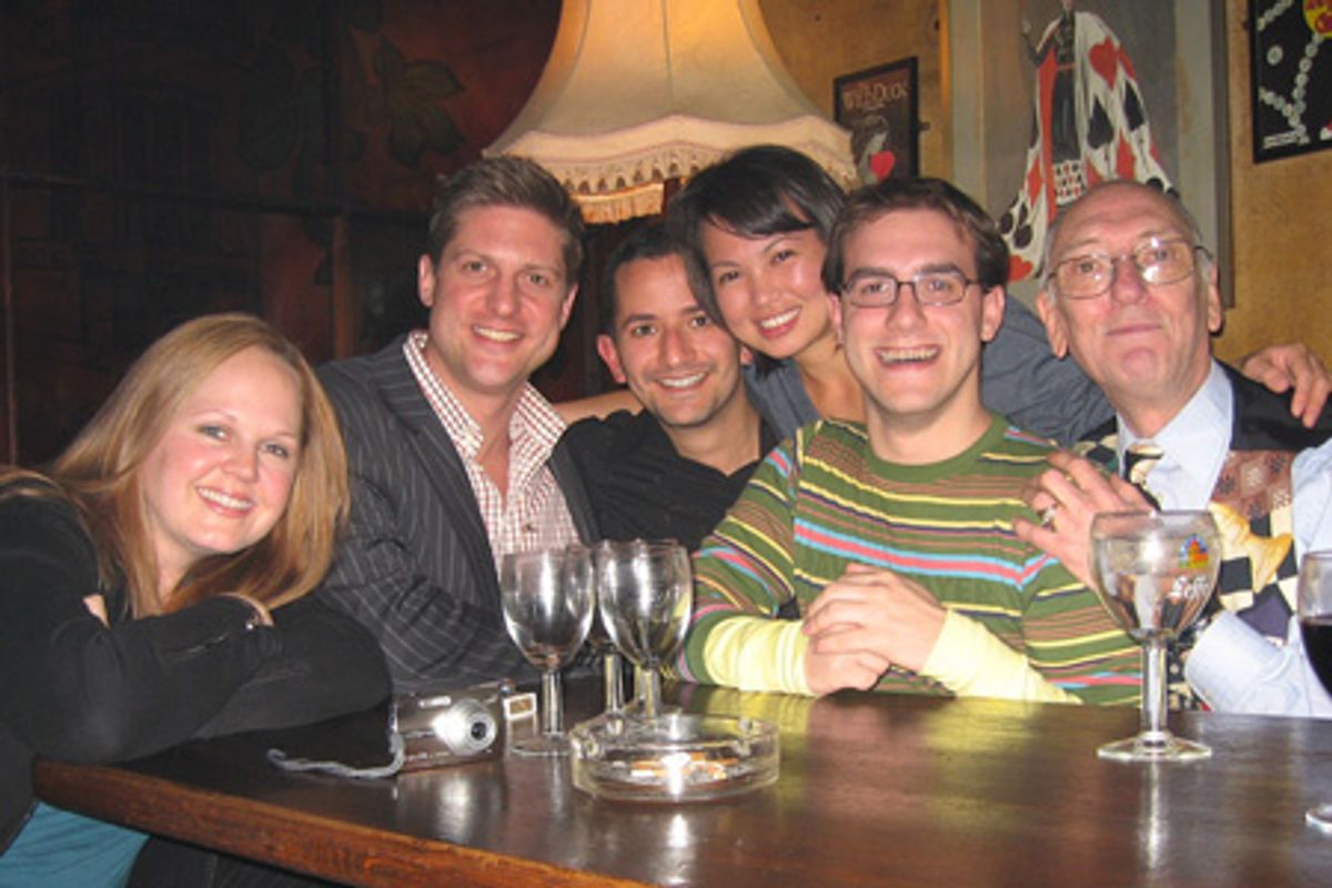 The Broadway Cares staff with Sieber and Henson: Trisha Doss, Christopher Sieber, Chris Economakos, Ngoc Bui, Josh Blye and Maurice Henson at 