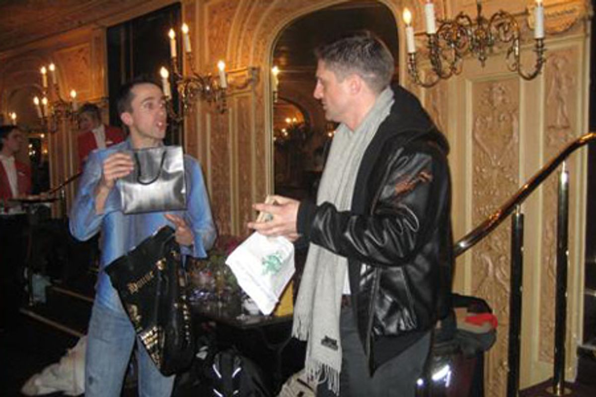 Nathan Taylor presents Christopher Sieber with a 'Golden Foot Award' as a farewell at 