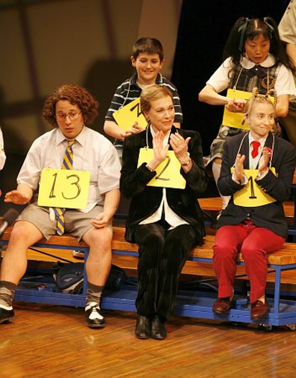 Cast and spellers, including (from bottom row) Jared Gertner, Julie Andrews, Sarah Saltzberg and Deborah S. Craig at 