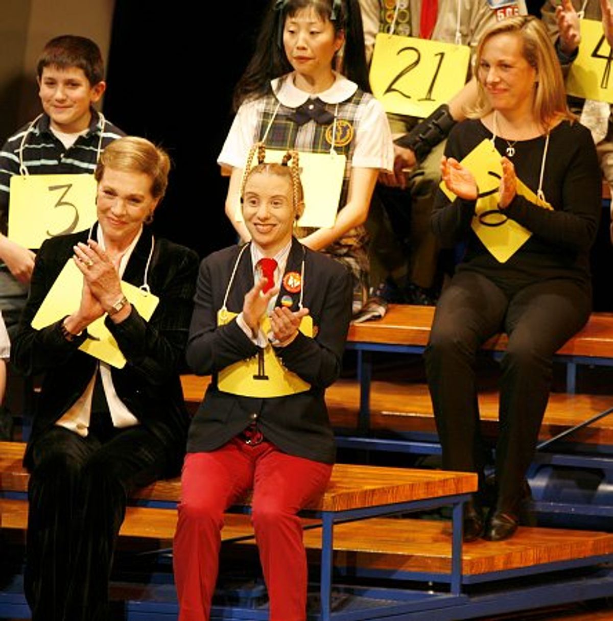 Cast and spellers, including (from bottom row) Julie Andrews, Sarah Saltzberg, Deborah S. Craig and Emma Walton Hamilton at 