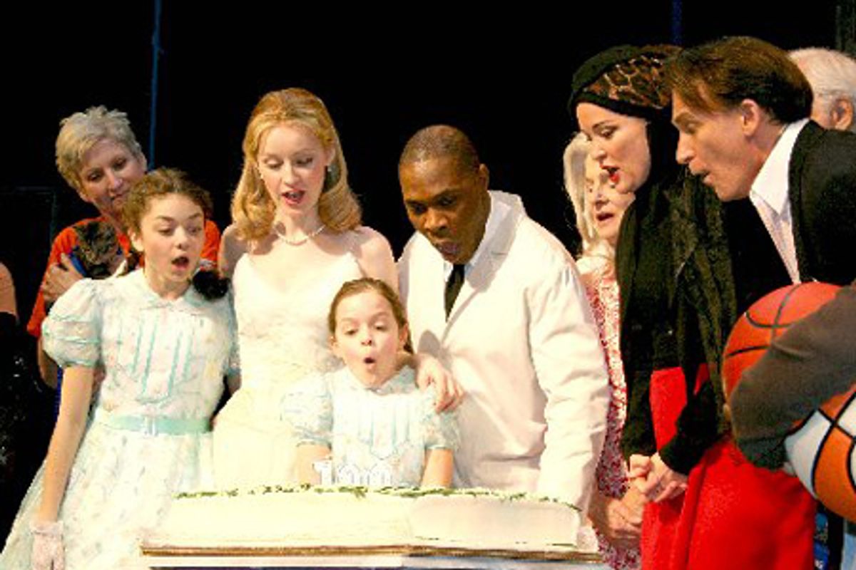 Grey Gardens cast members Sarah Hyland, Erin Davie, Kelsey Fowler, Michael Potts, Mary Louise Wilson, Christine Ebersole and Bob Stillman blow out the candles on the 100th performance cake at 