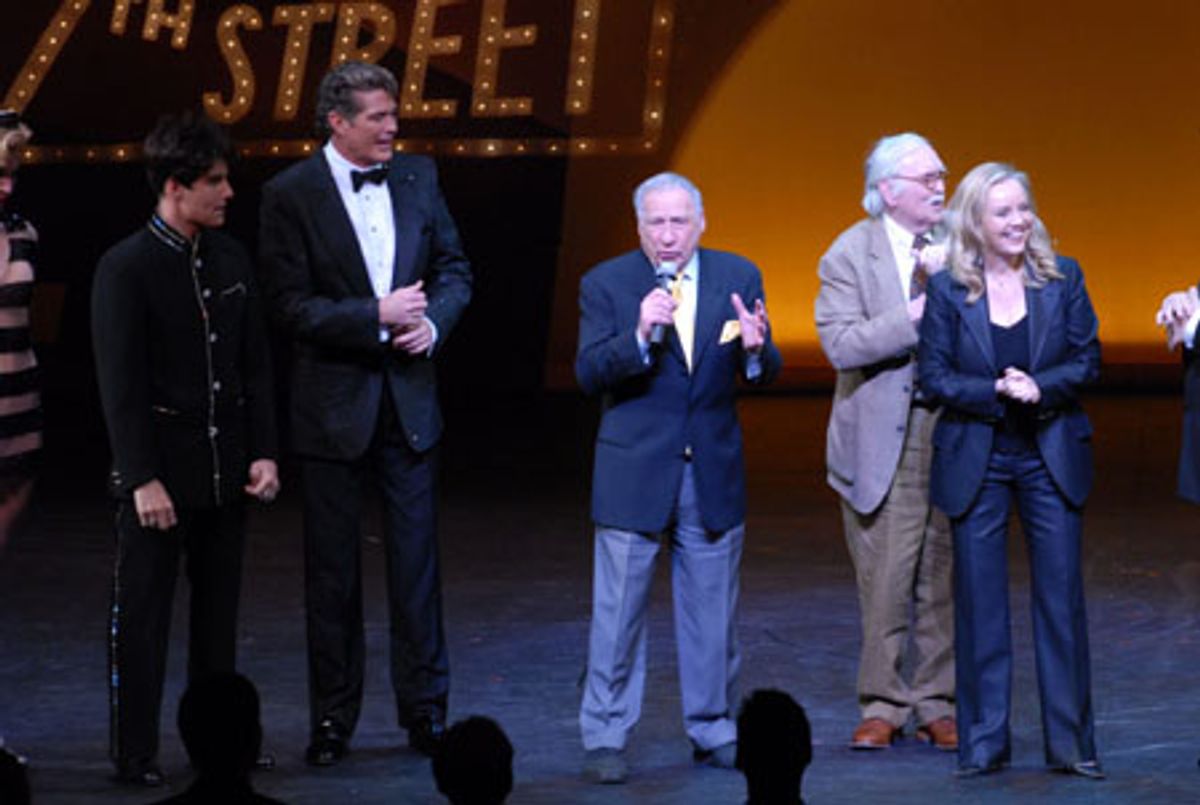 Rich Affannato, David Hasselhoff, Mel Brooks, Thomas Meehan and Susan Stroman at curtain call at 