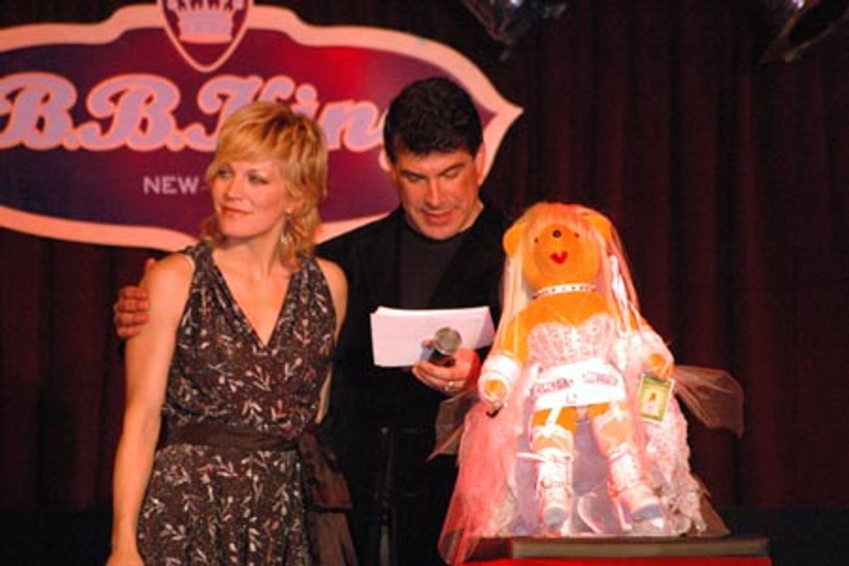 Felicia Finley and Bryan Batt with The Wedding Singer Linda Bear at 