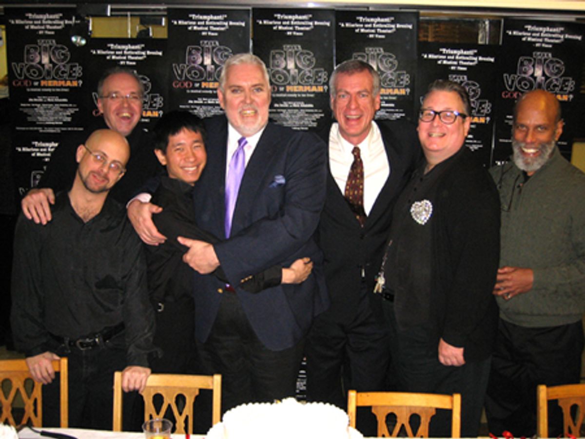 Jim Brochu and Steve Schalchlin (center) with members of the NYC Gay Men's Chorus at 