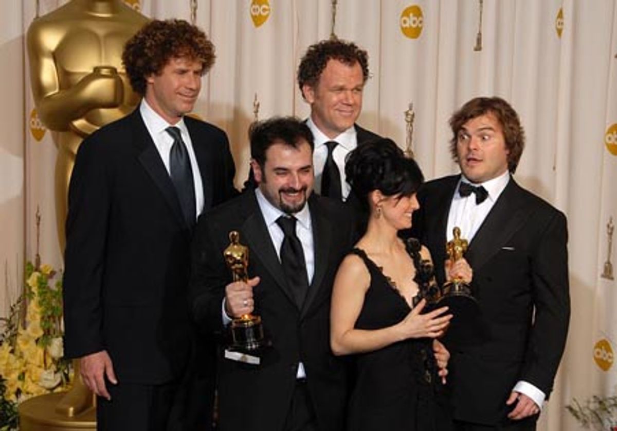 Will Ferrell, John C. Reilly, and Jack Black with Best Achievement in Makeup winners David Marti and Montse Ribe (Pan's Labyrinth) at 