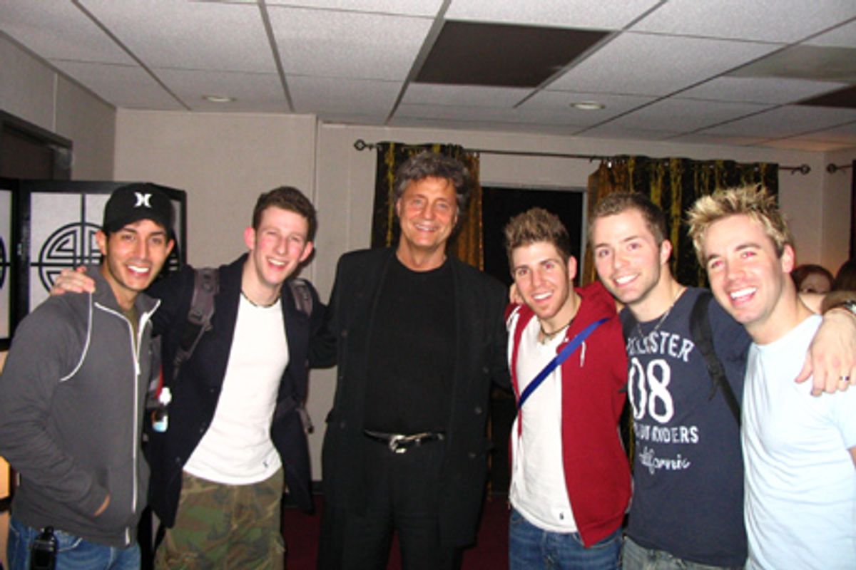 Jay Garcia (Juan), Nick Blaemire (Abraham), Shadoe Stevens (the Voice of G.O.D.), Jesse JP Johnson (Luke), Matthew Buckner (Matthew), and Ryan J. Ratliff (Mark) backstage at the LA opening of Altar Boyz at 