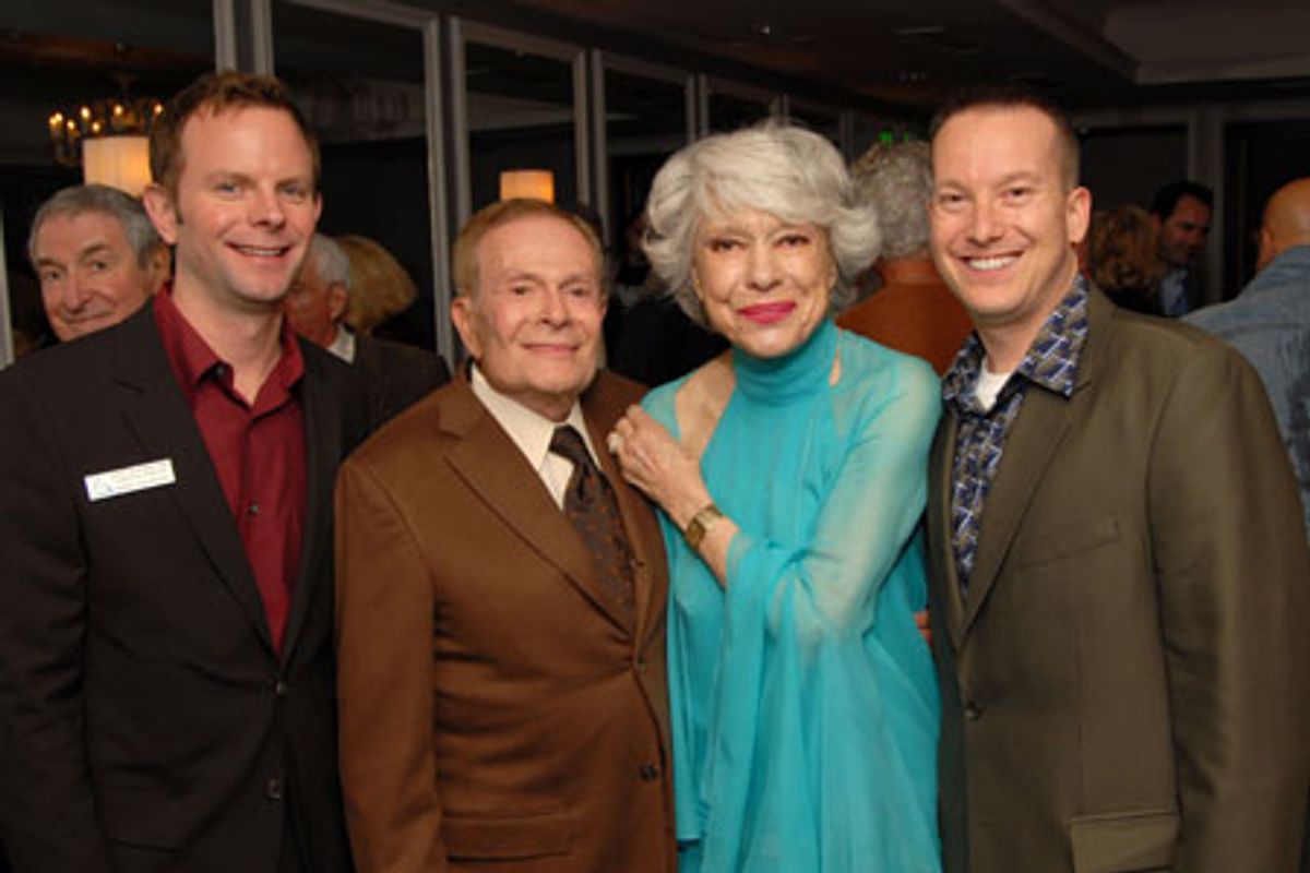 Jerry Herman and Carol Channing flanked by David Brinkman (Exec. Director, DAP) and Kevin Taylor (Director of Resource Development) at 