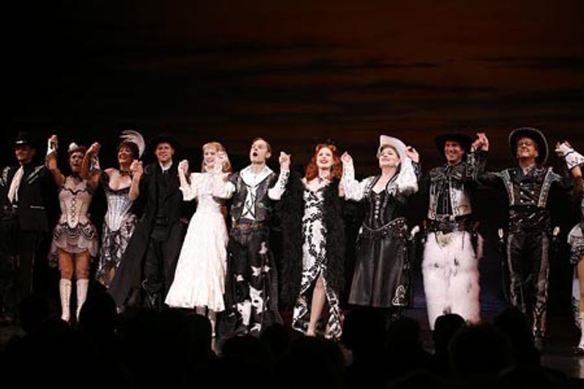 Company members, including Jason Danieley, Karen Ziemba, Jill Paice, David Hyde Pierce, Patty Goble, Debra Monk and Edward Hibbert at 