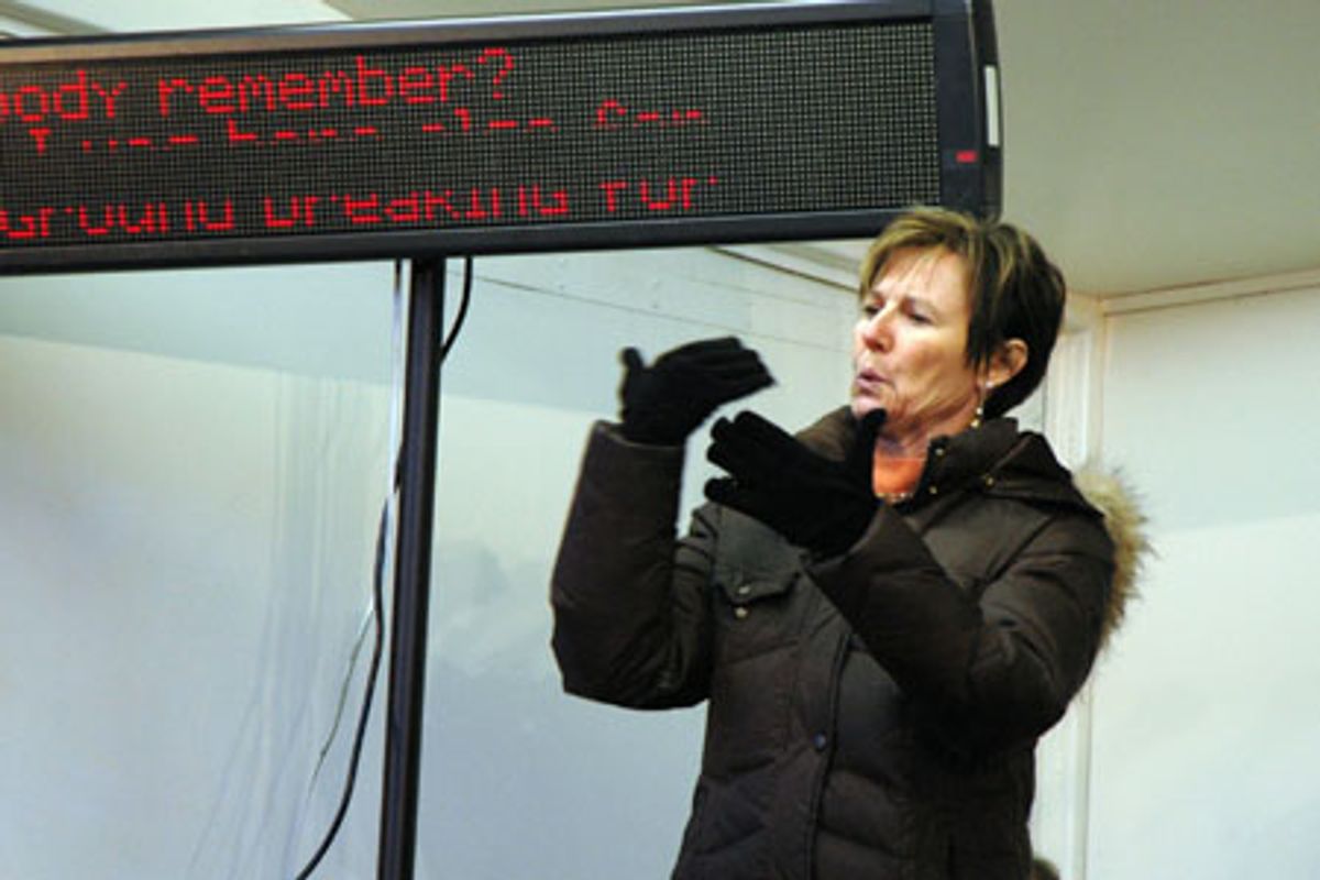 Kymmee Van Cleef, signing for the deaf at Paper Mill Playhouse Rally