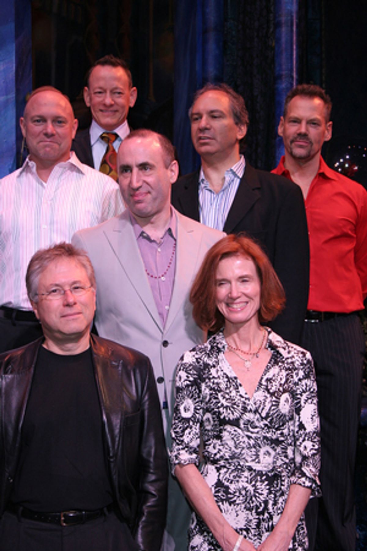 Clockwise from left: Matt West (choreographer), Stanley Meyer (scenic design), Robert Jess Roth (director), Michael Kosarin (music director), Keith Batten (associate director), Linda Woolverton (book) and Alan Menken (music) at 