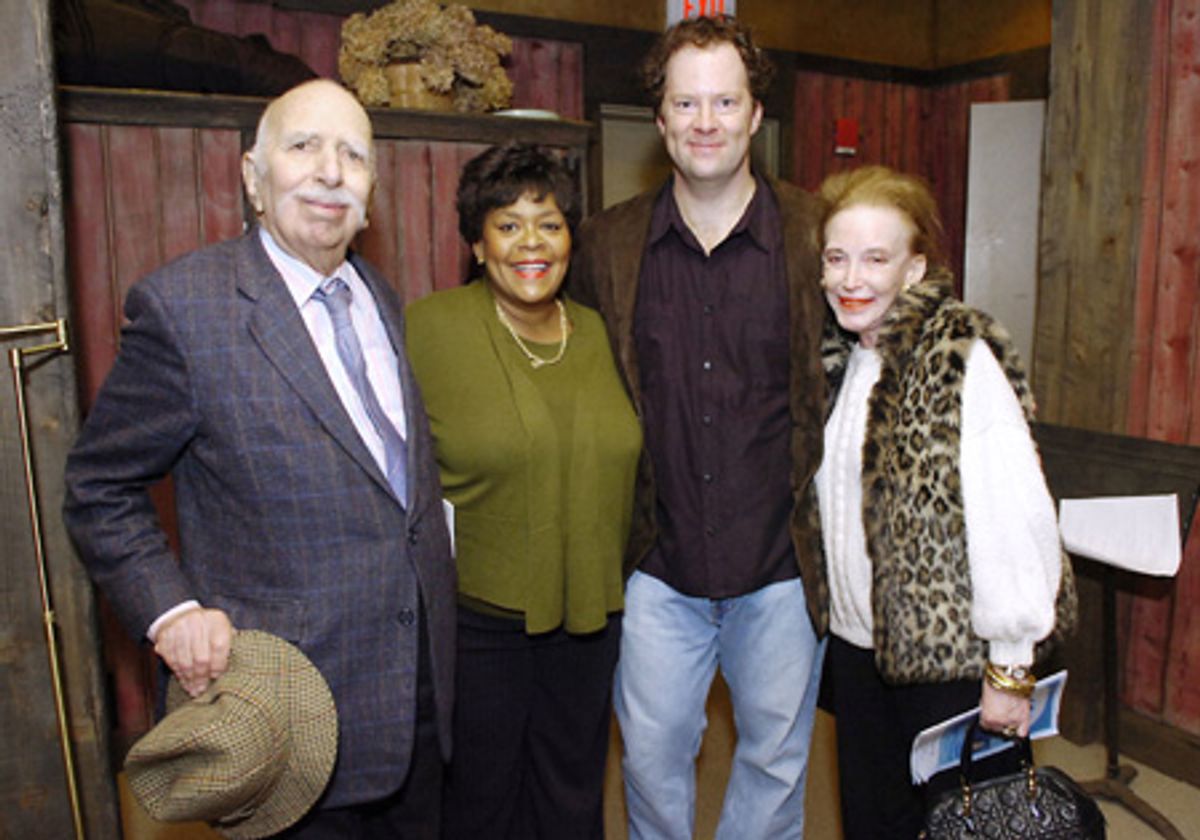 â€"All About Usâ€ actors Yvette Freeman and Shuler Hensley greet film producer David Brown, left, and Helen Gurley Brown, editor-in-chief of Cosmopolitan Magazine at 