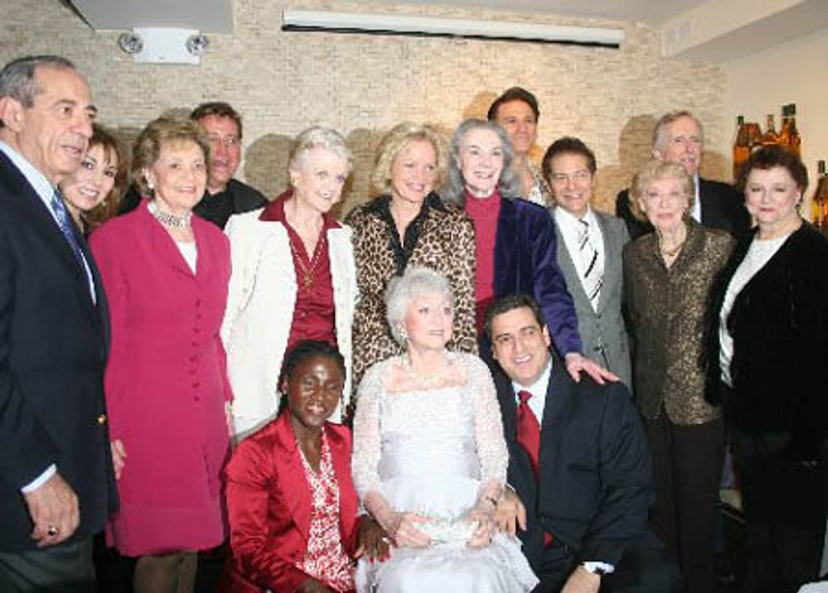 Party guests, including Mario Cuomo, Valerie Smaldone, Michael Alden, Angela Lansbury, Hazelle Goodman, Christine Ebersole, Celeste Holm, Frank Basile, Marian Seldes, Bob Stillman, Michael Feinstein, Joyce Randolph, Fritz Weaver and Carole Shelley at 