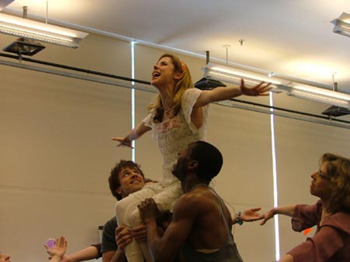 Kerry Butler, lifted by Curtis Holbrook and Andre Ward, with Jackie Hoffman at 