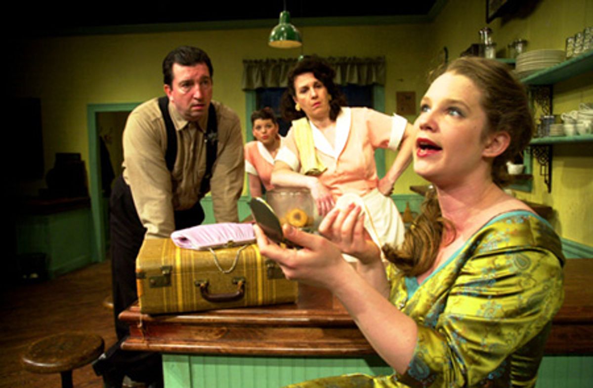 Chanteuse Laura Sorensen (foreground) as Cherie seeks help from Kansas locals (l-r) Joe Henderson as Sheriff Will Masters, Maryellen Brito as Elma, and Joanne Fayan as Grace at 