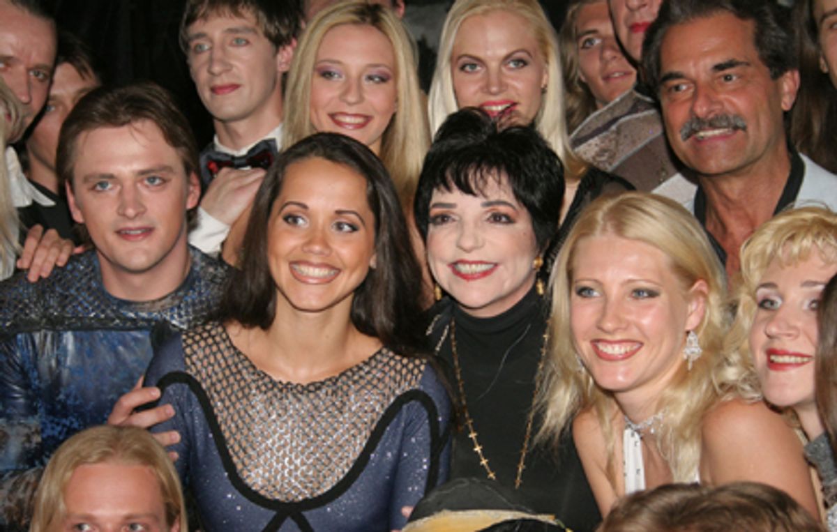 Legendary performer Liza Minnelli poses with the cast of ICE: Direct From Russia backstage at the Riviera Hotel and Casino in Las Vegas at 