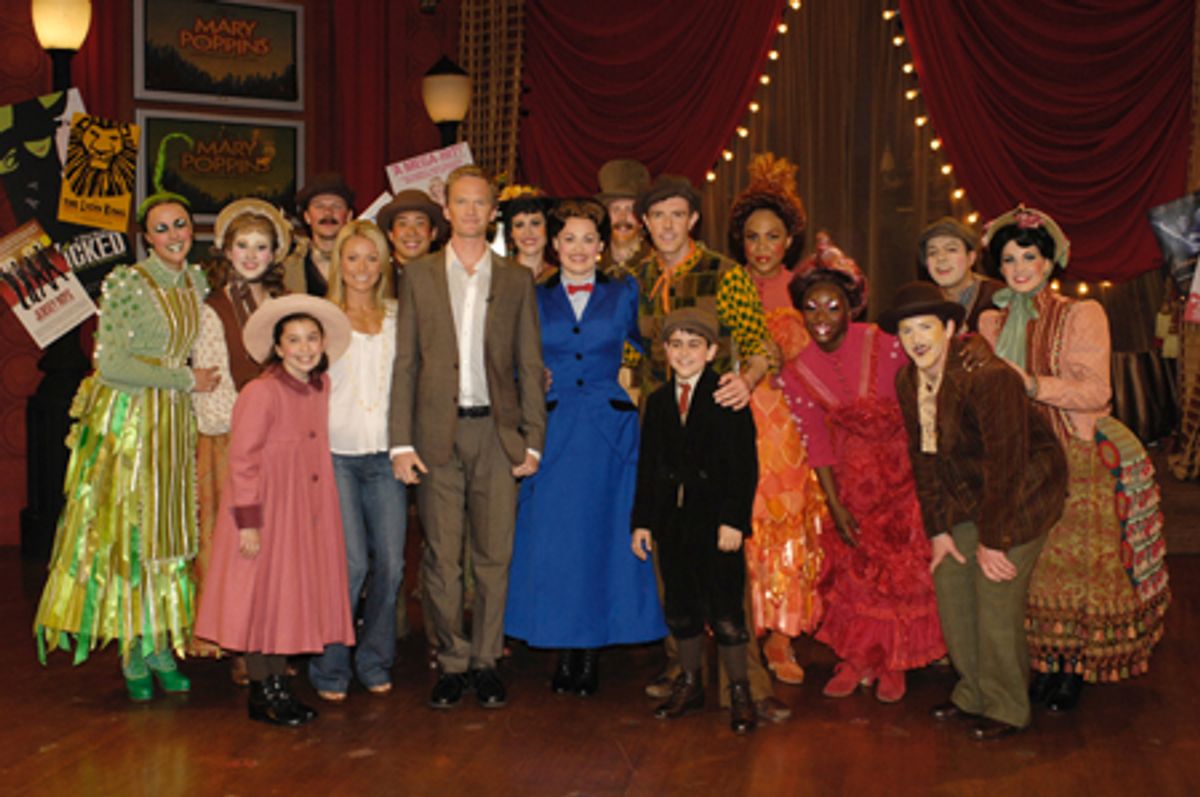 'Live with Regis and Kelly' host Kelly Ripa and guest host Neil Patrick Harris with Ashley Brown, Gavin Lee and the cast of Mary Poppins at 