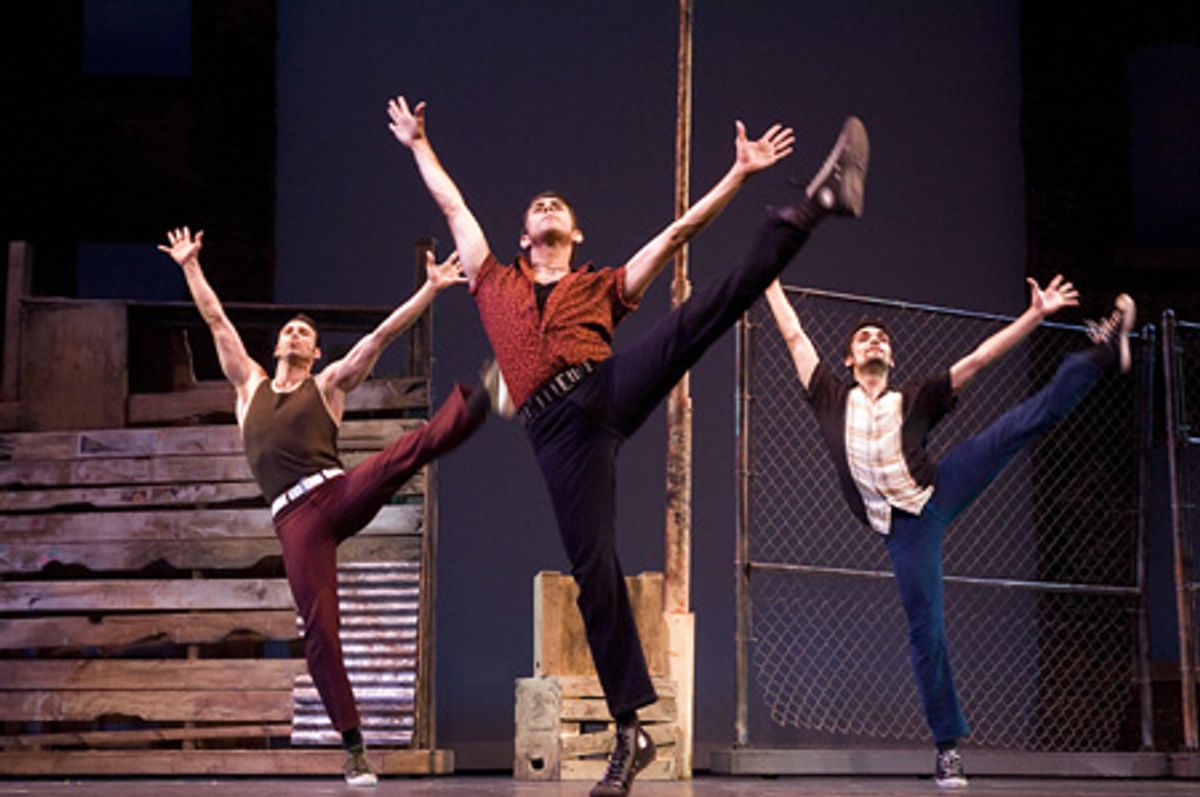 The Sharks dance the Prologue - Joey Calveri as Pepe, Freddy Ramirez as Bernardo and Manuel Santos as Indio  at 